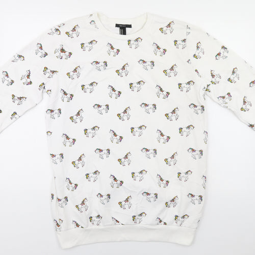 FOREVER 21 Womens White Round Neck Animal Print Cotton Pullover Jumper Size M   - Unicorns