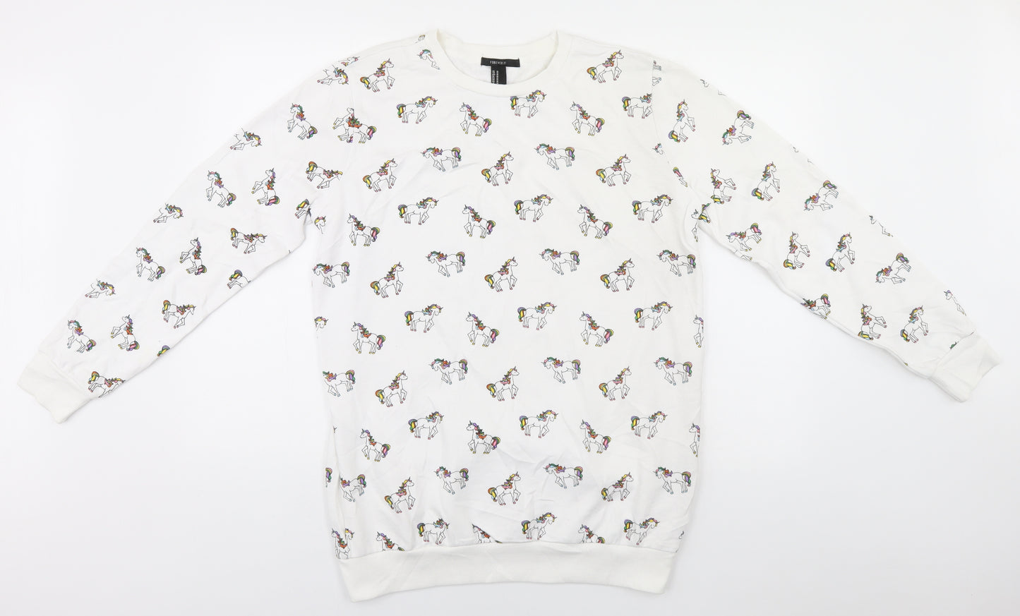 FOREVER 21 Womens White Round Neck Animal Print Cotton Pullover Jumper Size M   - Unicorns