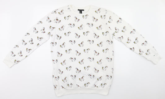 Front view of Forever 21 women’s white round neck animal print cotton jumper, size M, - unicorns