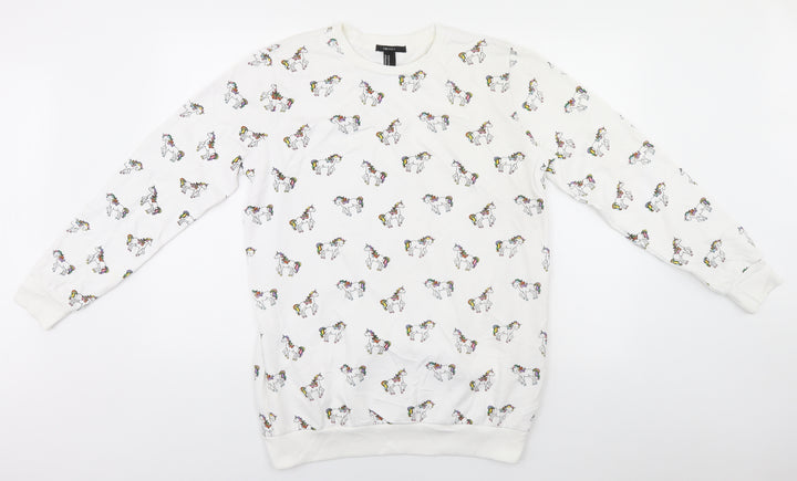FOREVER 21 Womens White Round Neck Animal Print Cotton Pullover Jumper Size M - Unicorns