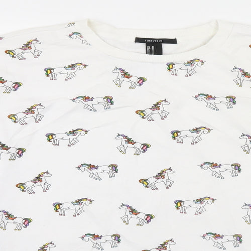 FOREVER 21 Womens White Round Neck Animal Print Cotton Pullover Jumper Size M   - Unicorns