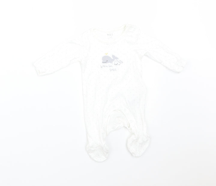 M&S Baby White Polka Dot Cotton Babygrow One-Piece Size Newborn   - BORN IN 2022