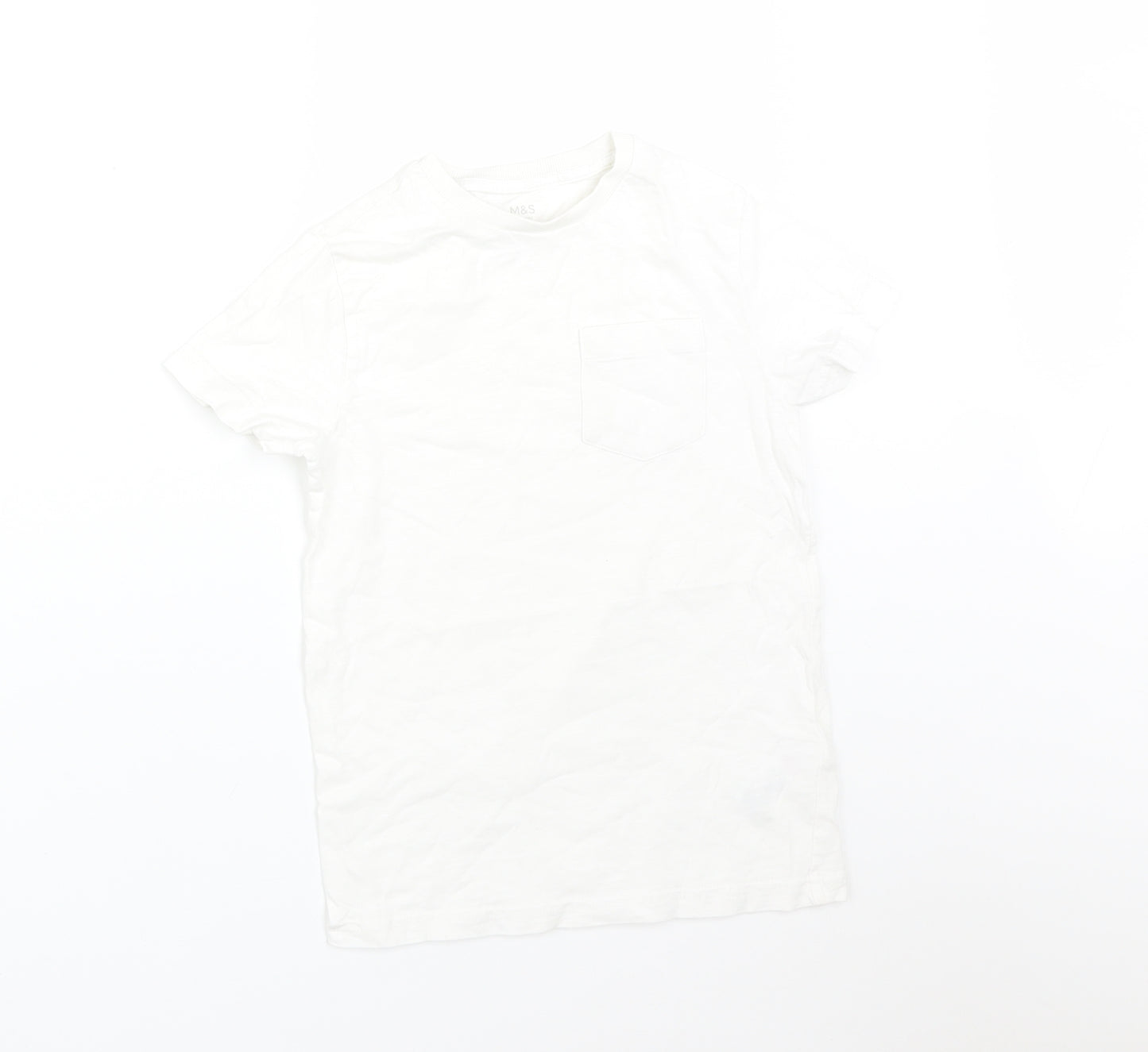 M&S Girls White  Cotton Basic T-Shirt Size 7-8 Years Round Neck