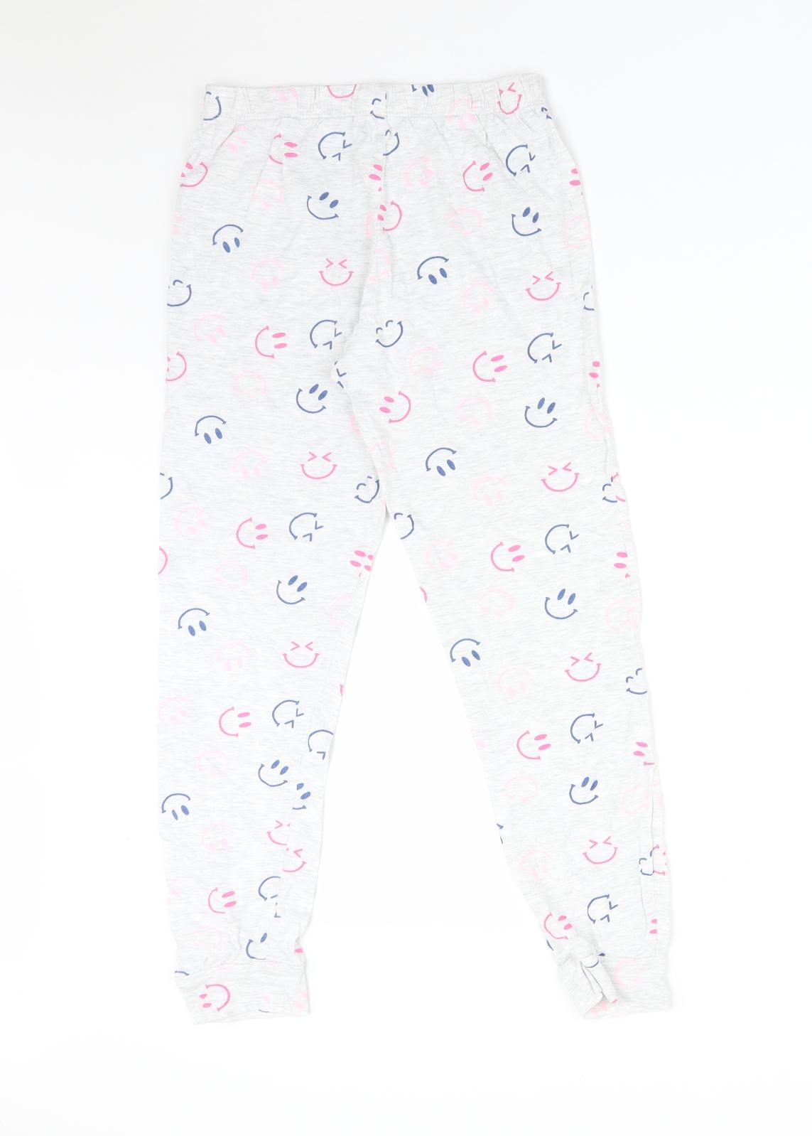 F&F Girls Grey Solid Cotton  Pyjama Pants Size 9-10 Years   - SMILEY FACE