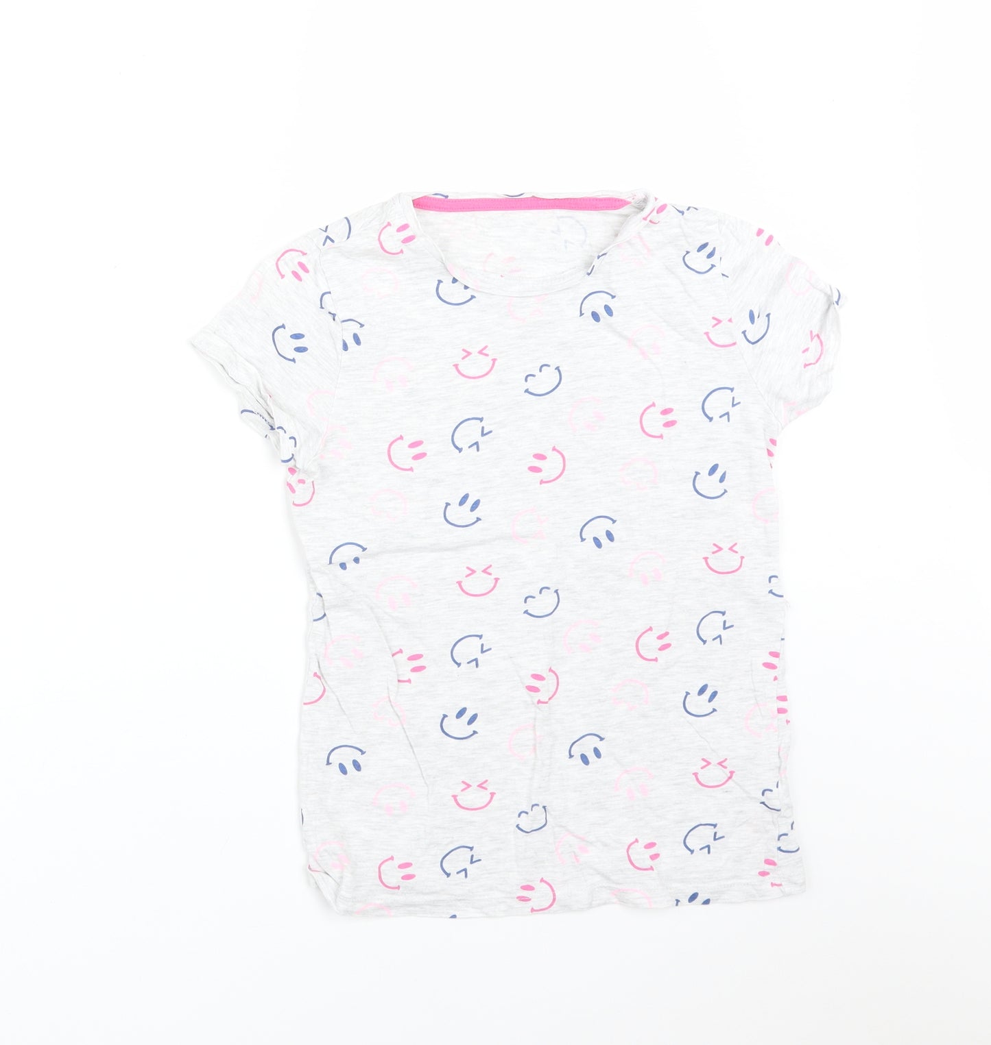 F&F Girls Grey Solid Cotton  Pyjama Top Size 9-10 Years   - SMILEY FACE