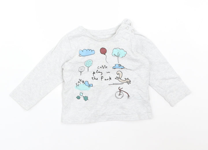 M&S Baby Grey  Cotton Basic T-Shirt Size 9-12 Months Round Neck  - COME PLAY IN THE PARK