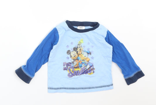 Front view of Disney Baby Blue Cotton Basic T-Shirt, size 6-9, Months Round Neck - FULL OF SMILES