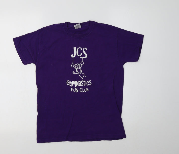 Fruit of the Loom Girls Purple Cotton Basic T-Shirt Size 9-10 Years Crew Neck - Gymnastics