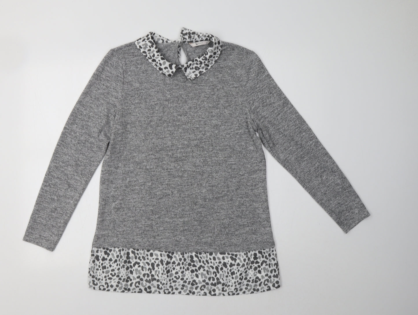 TU Womens Grey Collared Animal Print Polyester Pullover Jumper Size 10