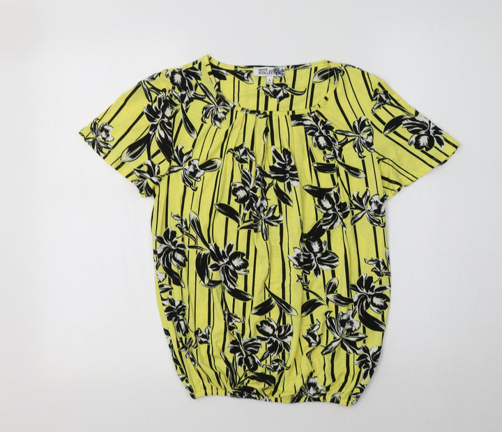 Debenhams Womens Yellow Floral Viscose Basic Blouse Size 10 Crew Neck