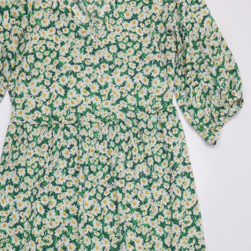 Primark Womens Green Floral Polyester A-Line  Size 6 V-Neck