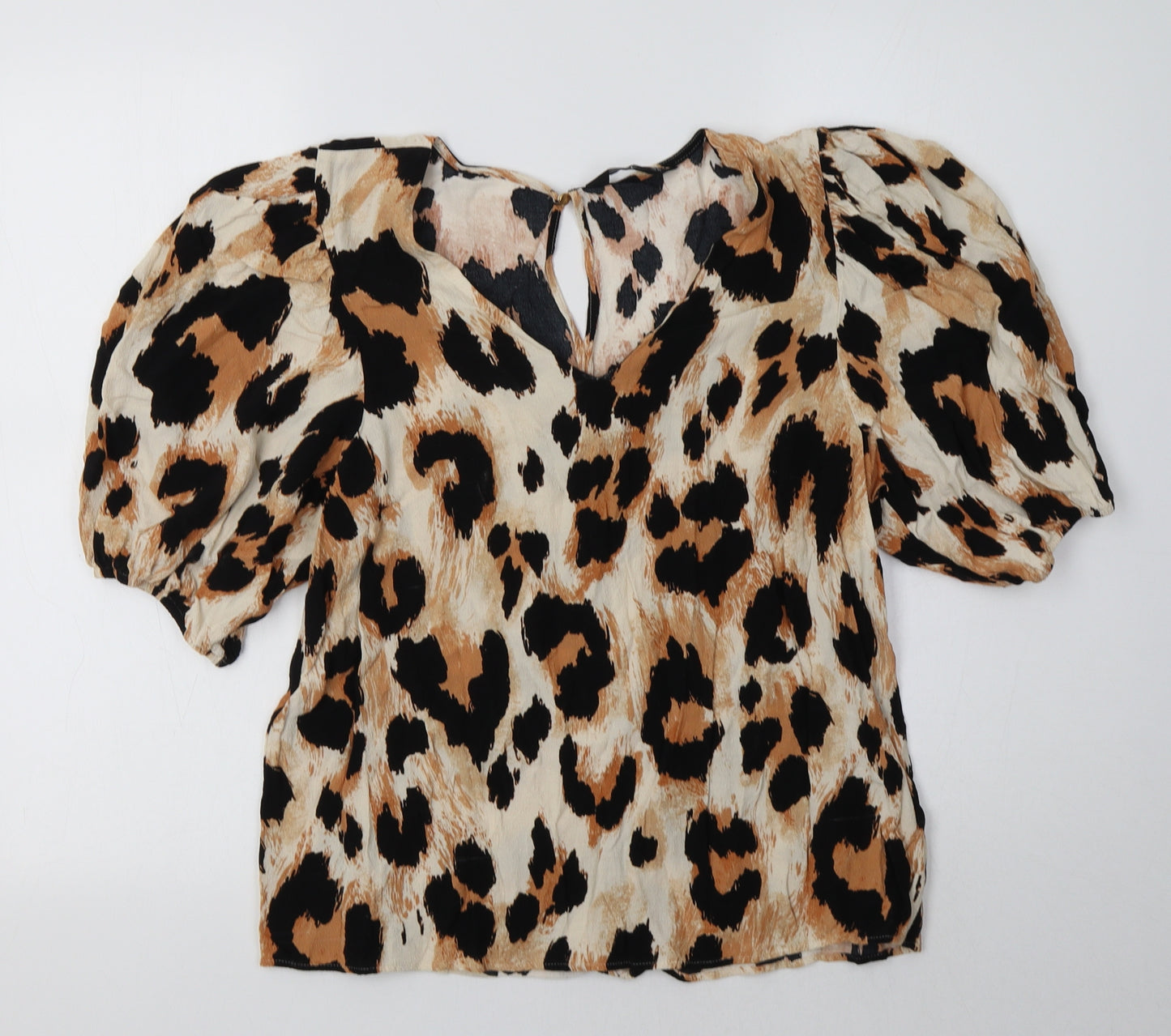 F&F Womens Brown Animal Print Viscose Basic Blouse Size 16 V-Neck