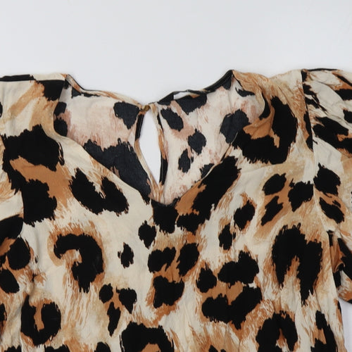 F&F Womens Brown Animal Print Viscose Basic Blouse Size 16 V-Neck