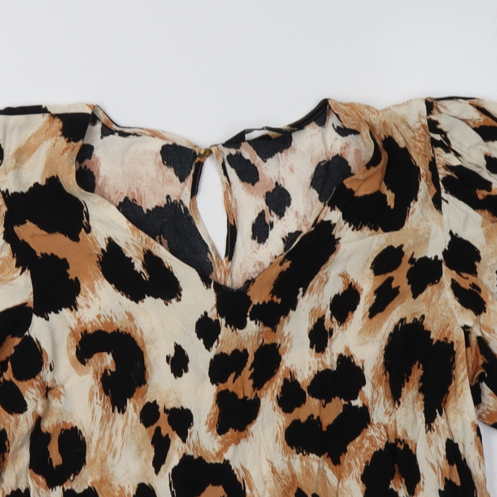 F&F Womens Brown Animal Print Viscose Basic Blouse Size 16 V-Neck