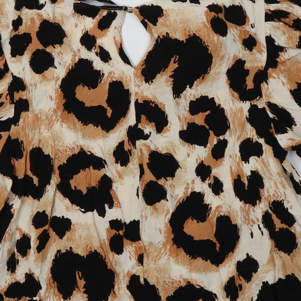 F&F Womens Brown Animal Print Viscose Basic Blouse Size 16 V-Neck