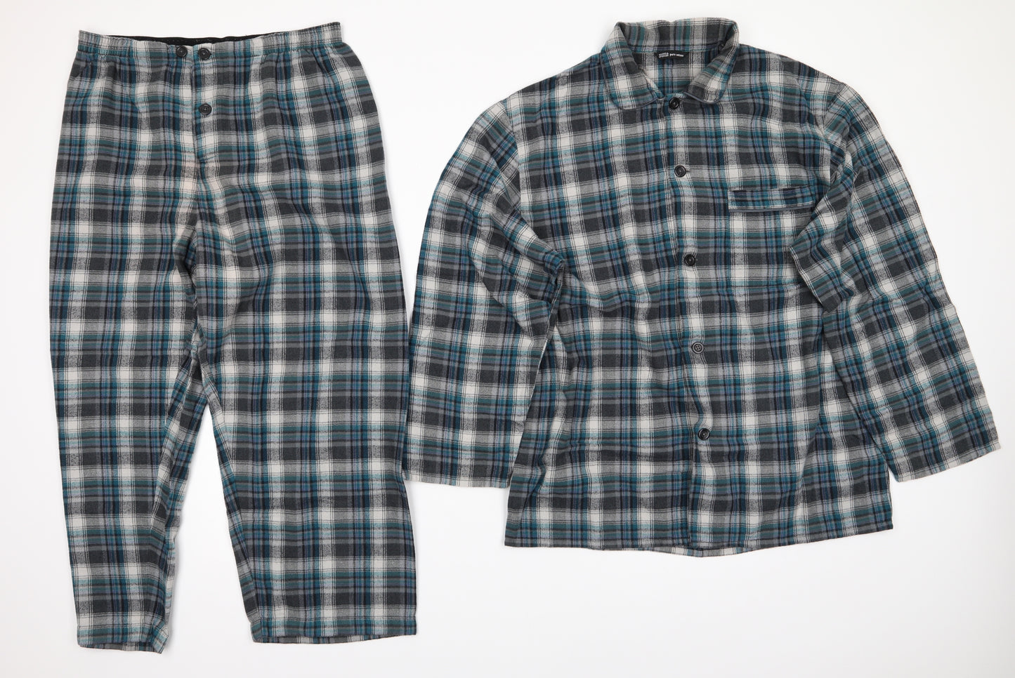 Marks and Spencer Mens Grey Check Cotton  Pyjama Set Size M   - Grey Teal Ivory checks
