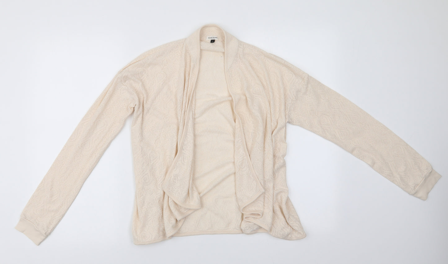 River Island Womens Ivory V-Neck Geometric Cotton Cardigan Jumper Size 12   - Short Waterfall Cardigan
