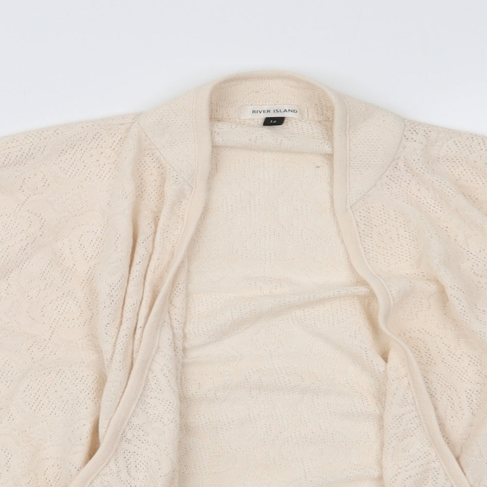 River Island Womens Ivory V-Neck Geometric Cotton Cardigan Jumper Size 12   - Short Waterfall Cardigan