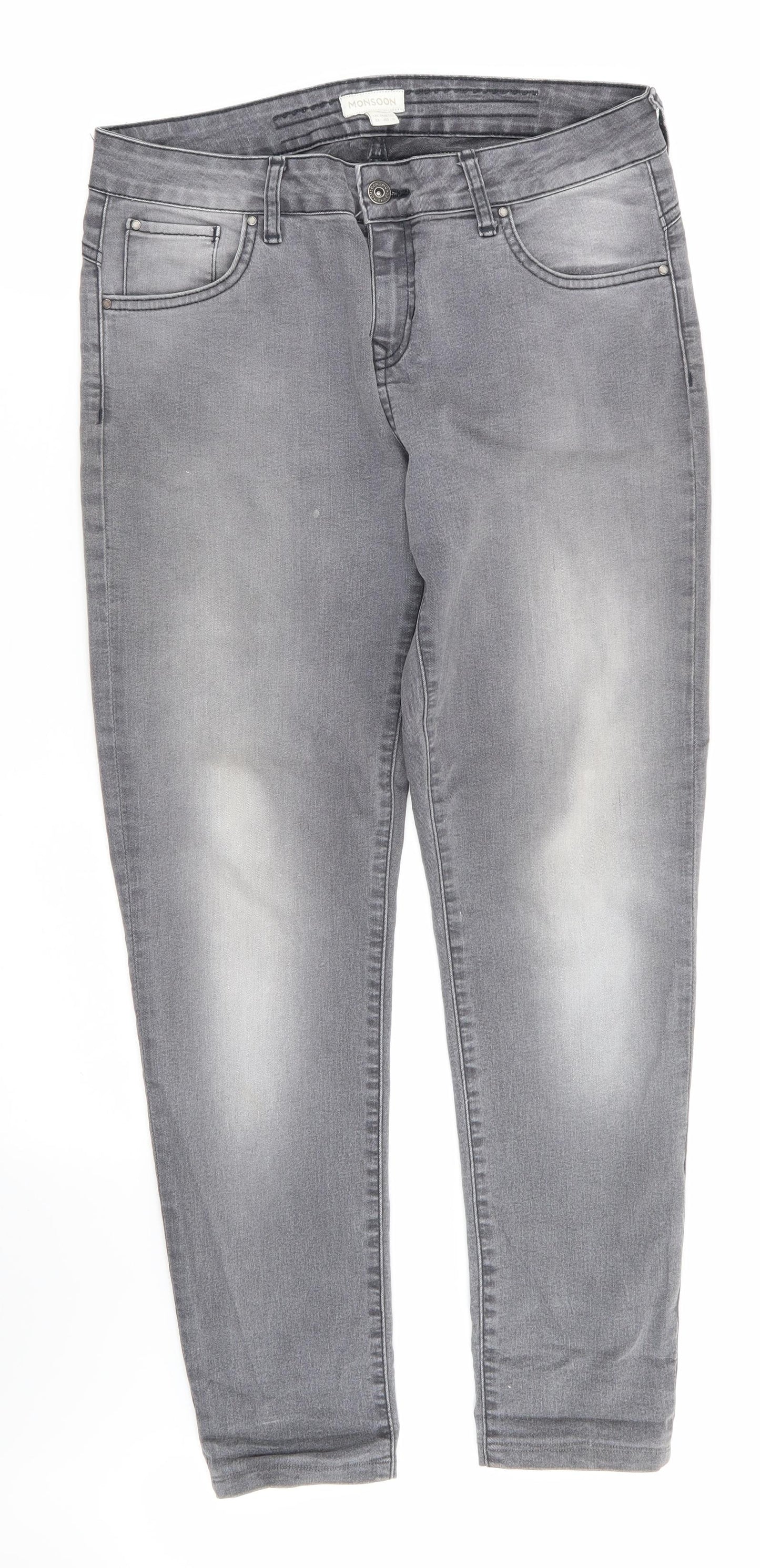 Monsoon Womens Grey Floral Cotton Straight Jeans Size 12 L27 in Regular  - Embroidered back pockets