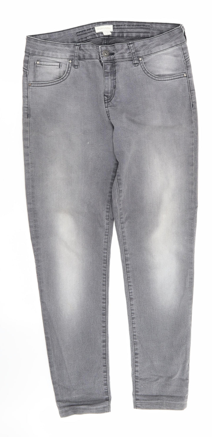 Monsoon Womens Grey Floral Cotton Straight Jeans Size 12 L27 in Regular  - Embroidered back pockets
