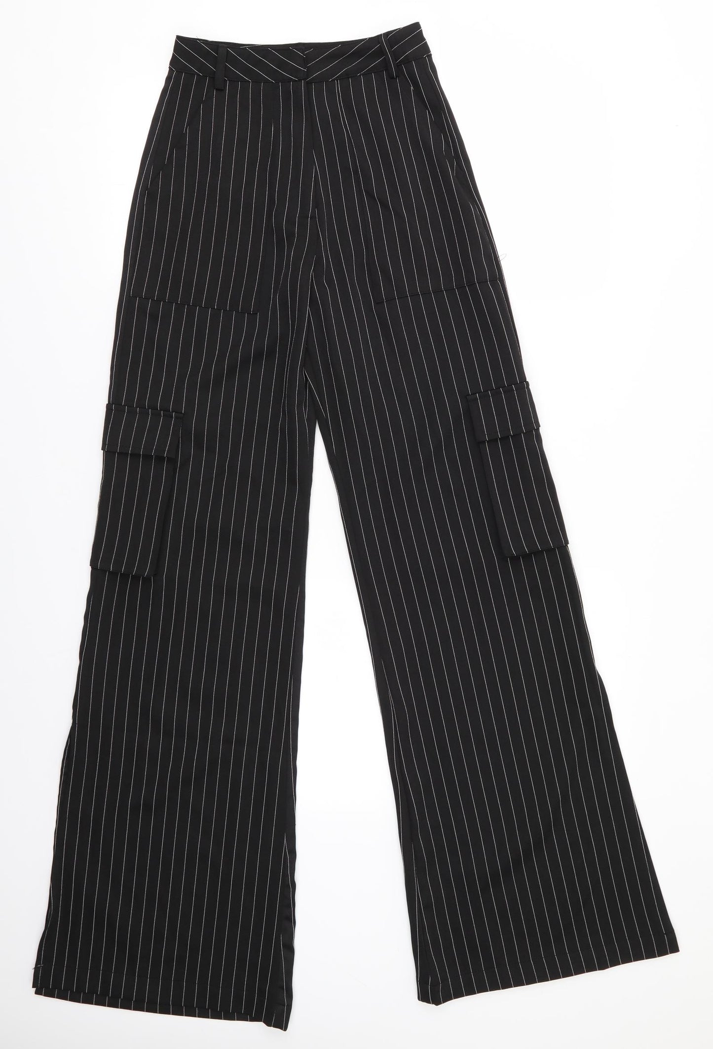 Pretty Little Thing  Womens Black Striped Polyester Trousers  Size 4 L32 in Regular  - White Stripe Wide Legged Cargo Pockets Vented Outer Sides to knee/calf
