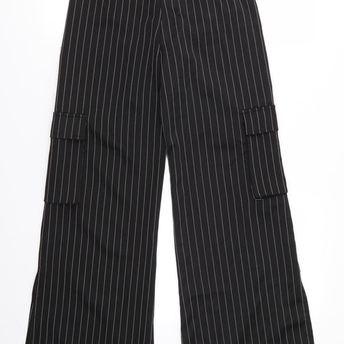 Pretty Little Thing  Womens Black Striped Polyester Trousers  Size 4 L32 in Regular  - White Stripe Wide Legged Cargo Pockets Vented Outer Sides to knee/calf