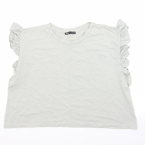 Zara Womens Grey  Cotton Basic Blouse Size L Crew Neck