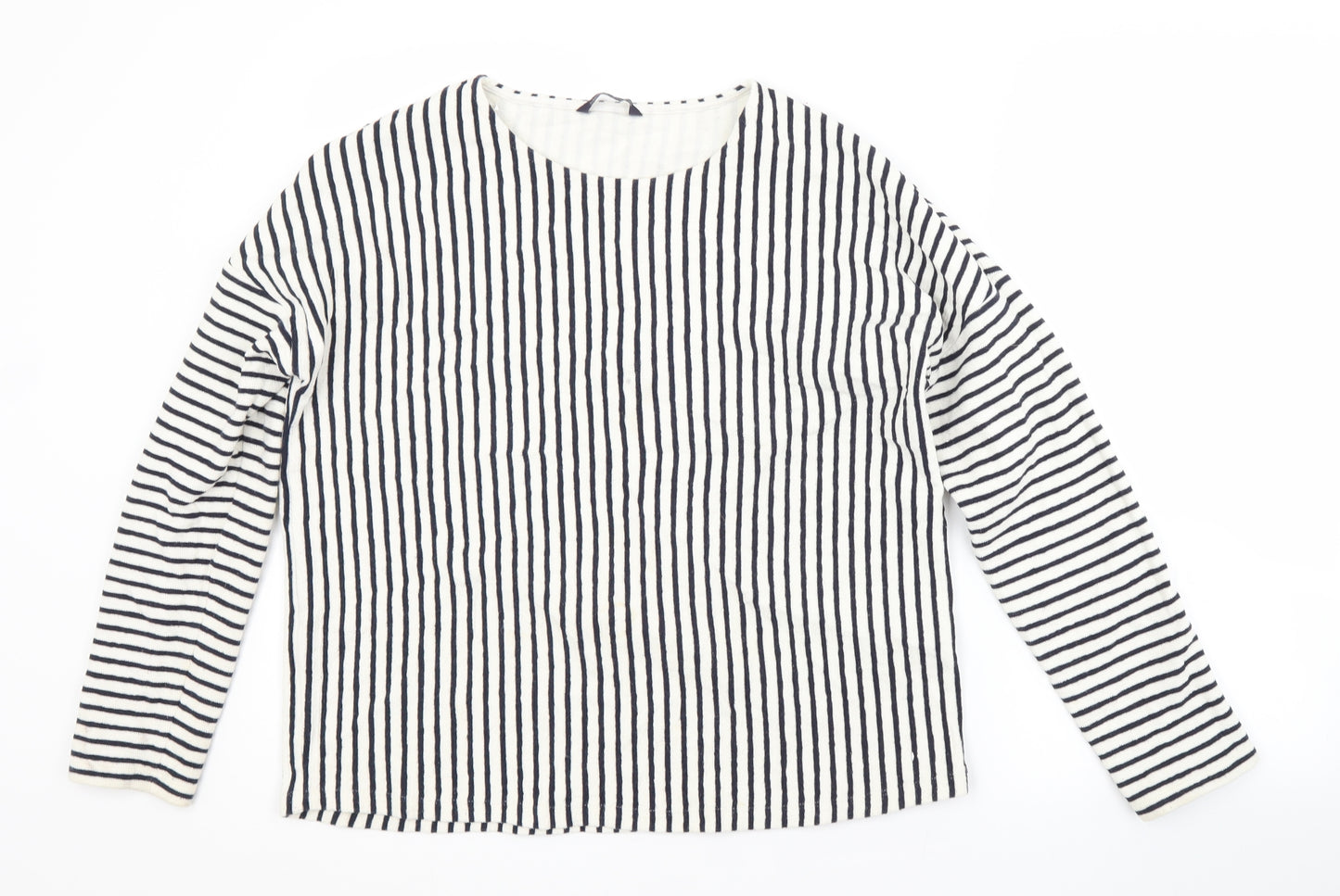 M&S Womens White Crew Neck Striped Cotton Pullover Jumper Size 16