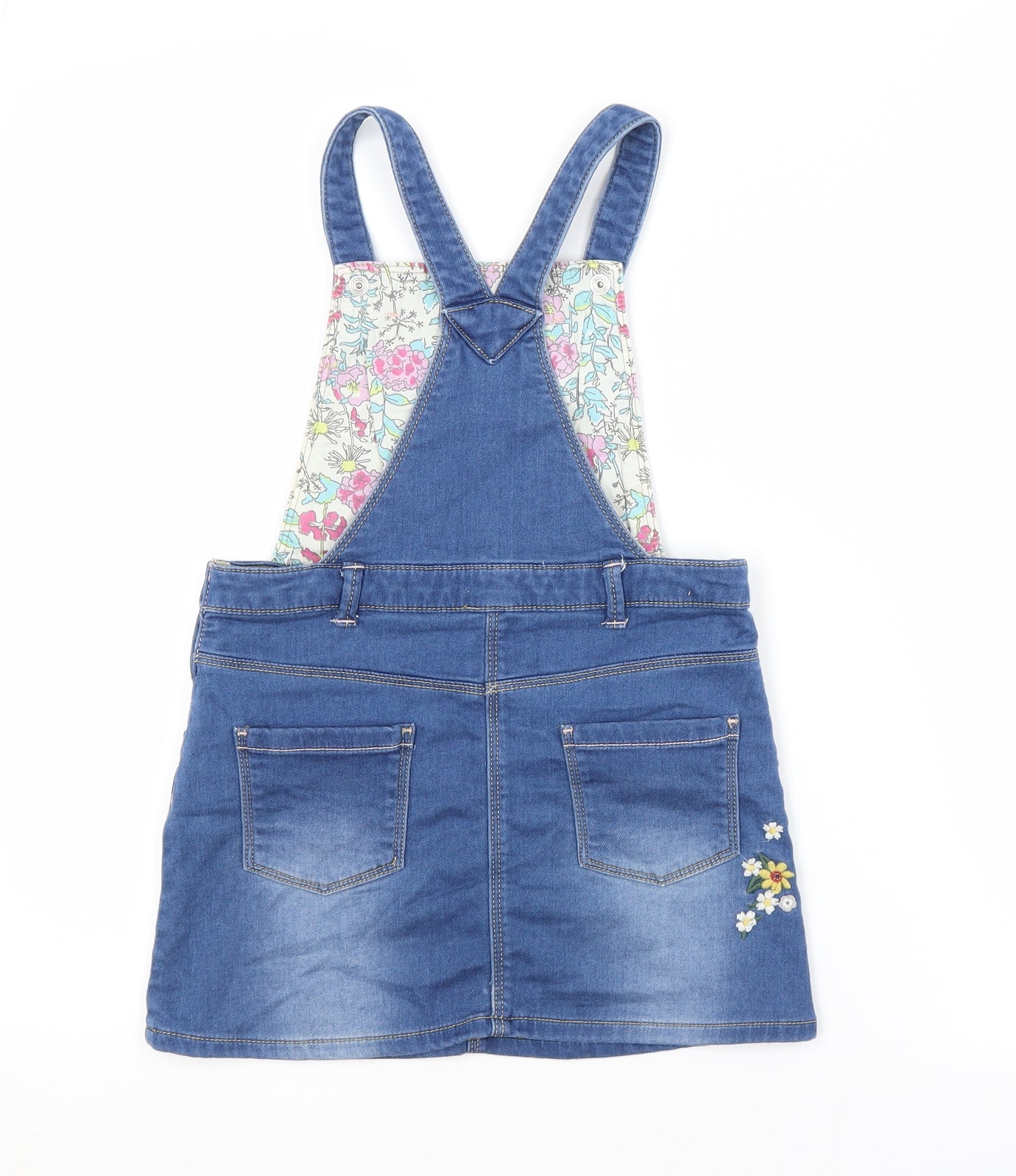 Nutmeg Girls Blue Floral Cotton Pinafore/Dungaree Dress  Size 5-6 Years Square Neck