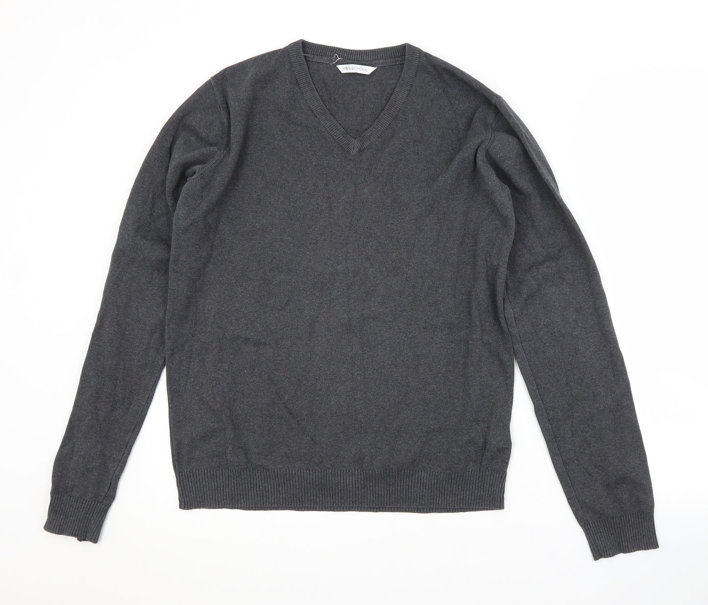 M&S  Boys Grey V-Neck  Cotton Pullover Jumper Size 15-16 Years   - SCHOOL JUMPER