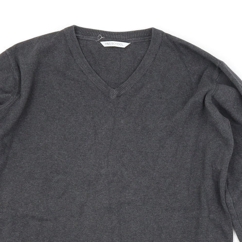 M&S  Boys Grey V-Neck  Cotton Pullover Jumper Size 15-16 Years   - SCHOOL JUMPER