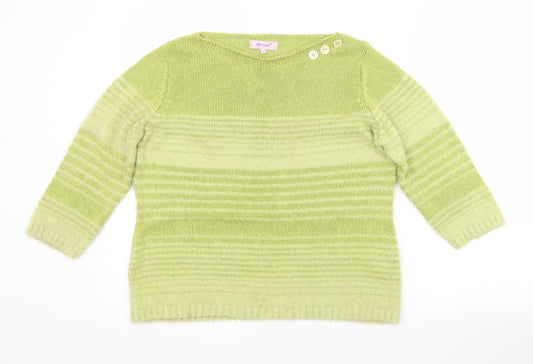 Front view of Per Una women’s green boat neck striped acrylic jumper, size M
