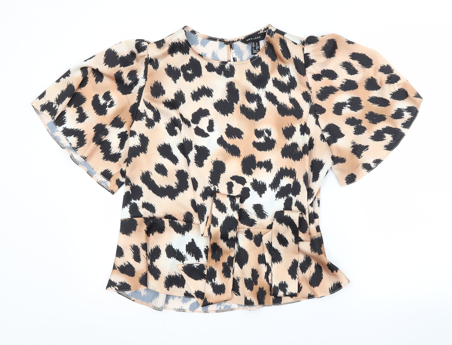 New Look Womens Brown Animal Print Polyester Basic Blouse Size 12 Scoop Neck
