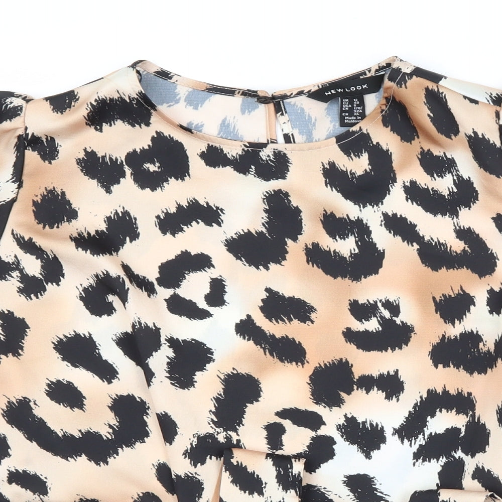 New Look Womens Brown Animal Print Polyester Basic Blouse Size 12 Scoop Neck