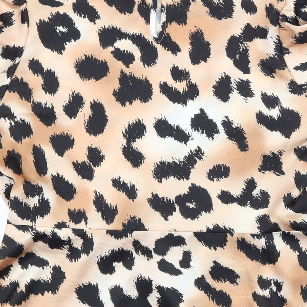 New Look Womens Brown Animal Print Polyester Basic Blouse Size 12 Scoop Neck
