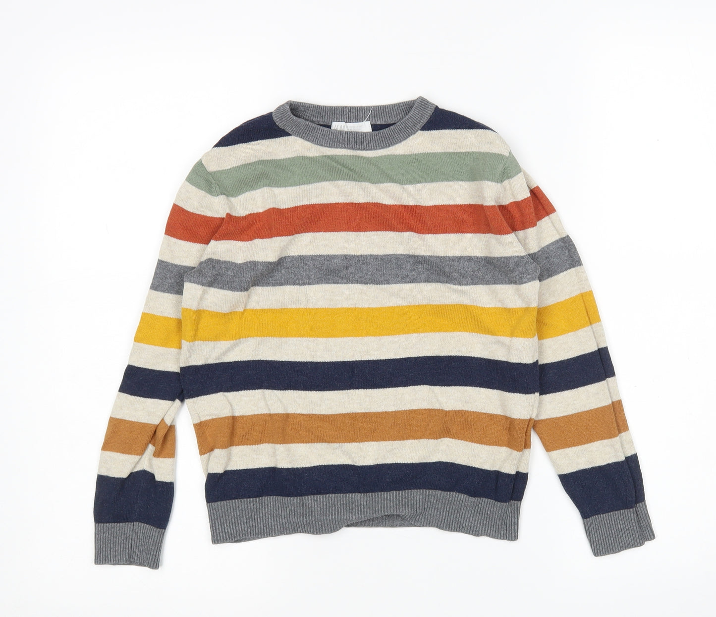 H&M Boys Multicoloured Round Neck Striped Cotton Pullover Jumper Size 7-8 Years