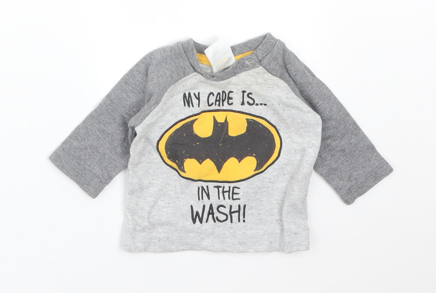 Batman Boys Grey  Cotton Basic T-Shirt Size Newborn Round Neck  - MY CAPE IS IN THE WASH
