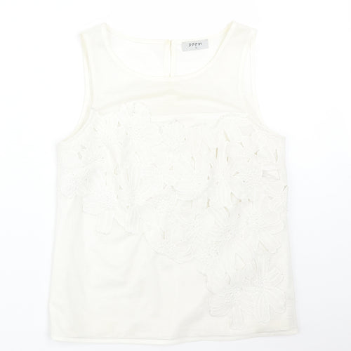 Soon Womens White Floral Polyester Basic T-Shirt Size 8 Round Neck