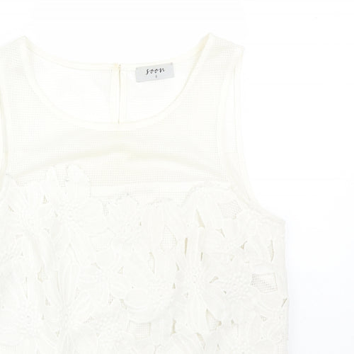 Soon Womens White Floral Polyester Basic T-Shirt Size 8 Round Neck