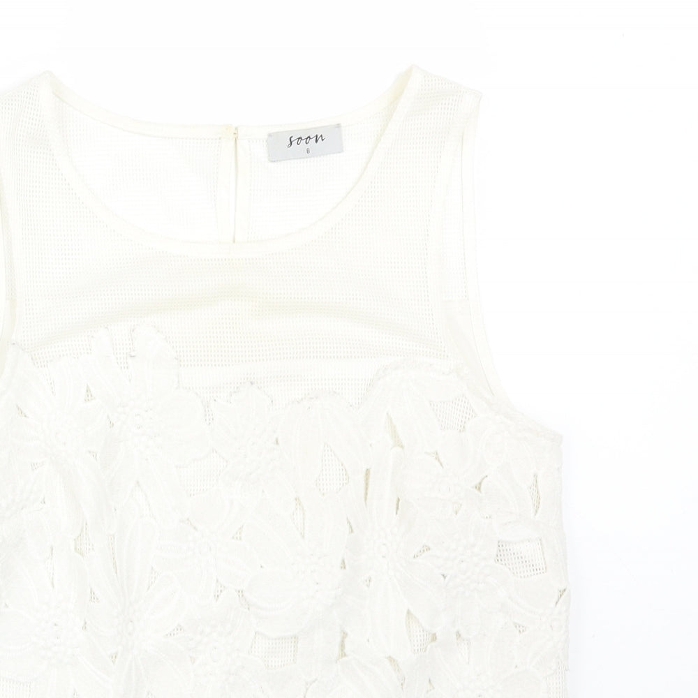 Soon Womens White Floral Polyester Basic T-Shirt Size 8 Round Neck