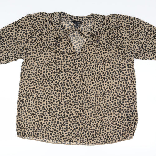 New Look Womens Brown Animal Print Polyester Basic T-Shirt Size 12 V-Neck