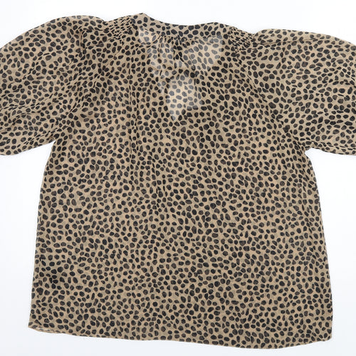 New Look Womens Brown Animal Print Polyester Basic T-Shirt Size 12 V-Neck