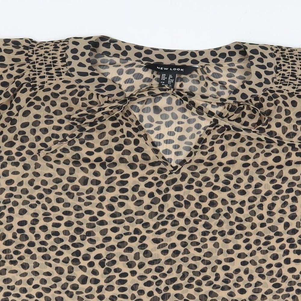 New Look Womens Brown Animal Print Polyester Basic T-Shirt Size 12 V-Neck