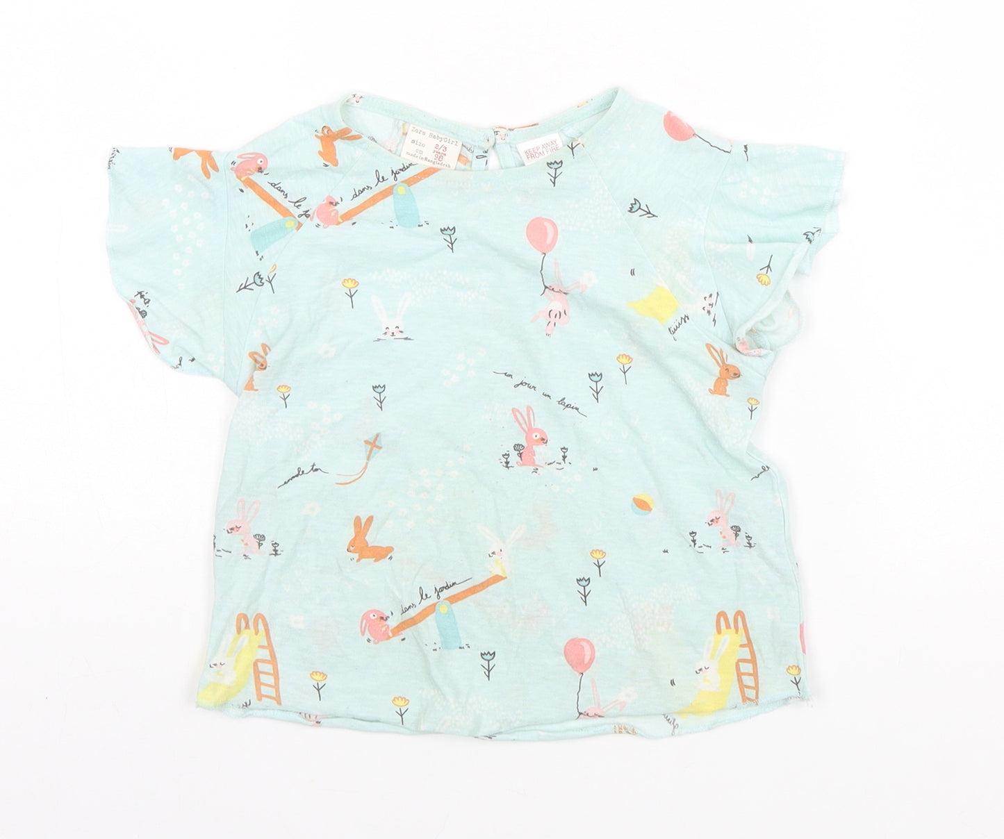 Zara Girls Green Animal Print Cotton Basic T-Shirt Size 2-3 Years Round Neck