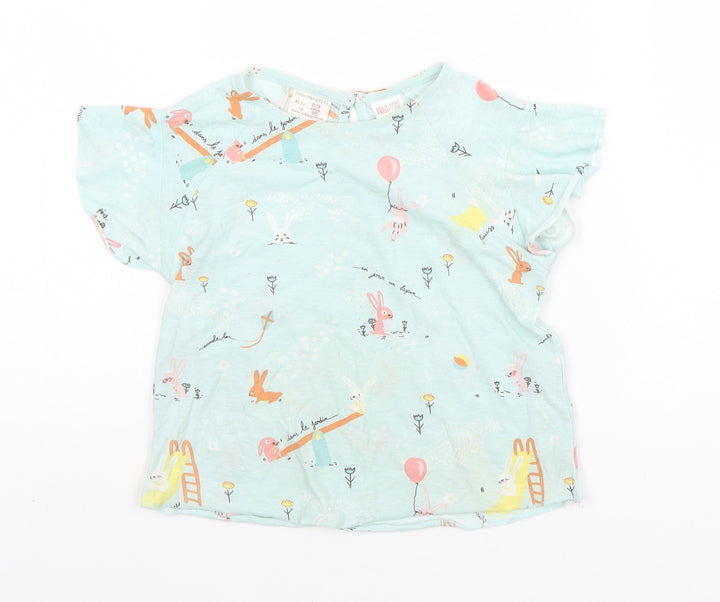 Zara Girls Green Animal Print Cotton Basic T-Shirt Size 2-3 Years Round Neck