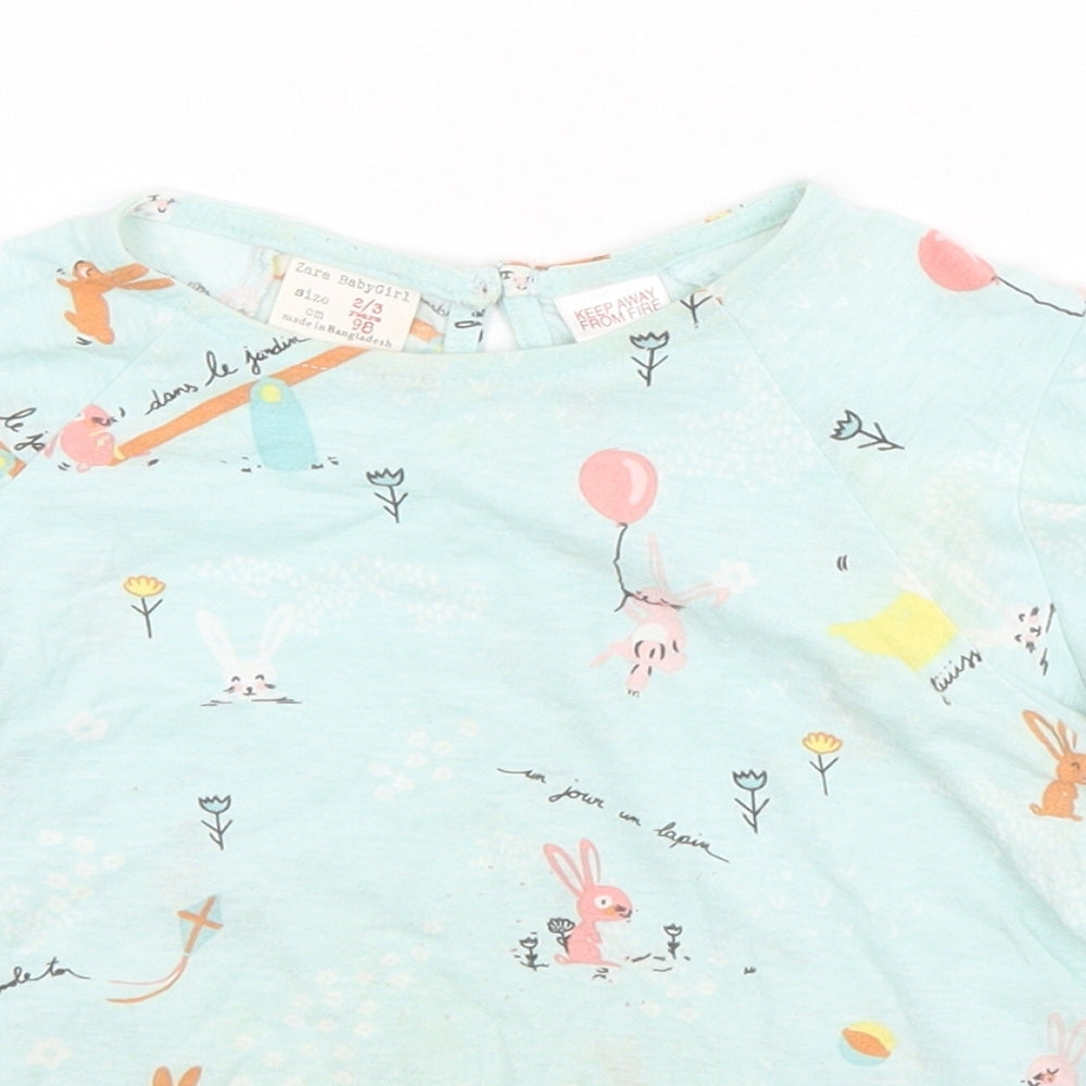 Zara Girls Green Animal Print Cotton Basic T-Shirt Size 2-3 Years Round Neck