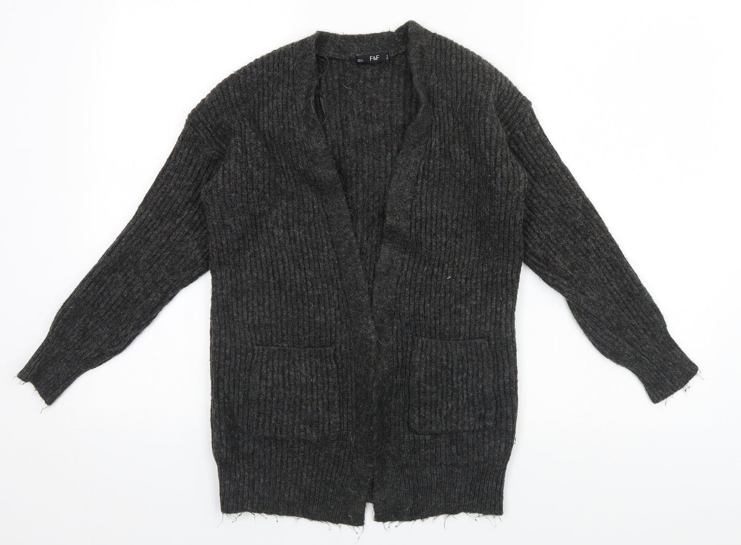 F&F Womens Grey Round Neck Striped Polyester Cardigan Jumper Size S
