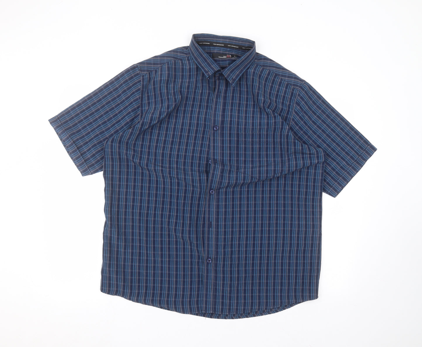 EWM Mens Blue Striped Polyester  Dress Shirt Size L Collared