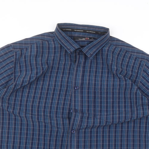 EWM Mens Blue Striped Polyester  Dress Shirt Size L Collared
