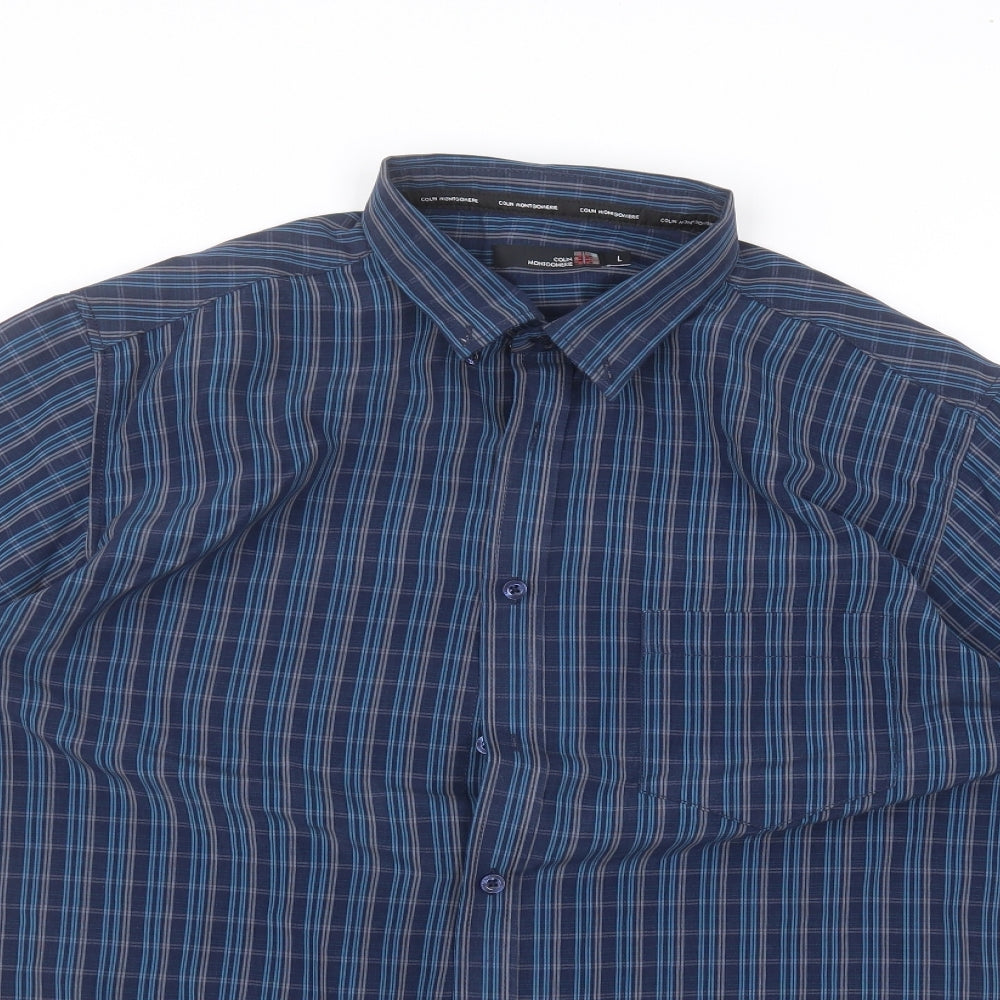 EWM Mens Blue Striped Polyester  Dress Shirt Size L Collared
